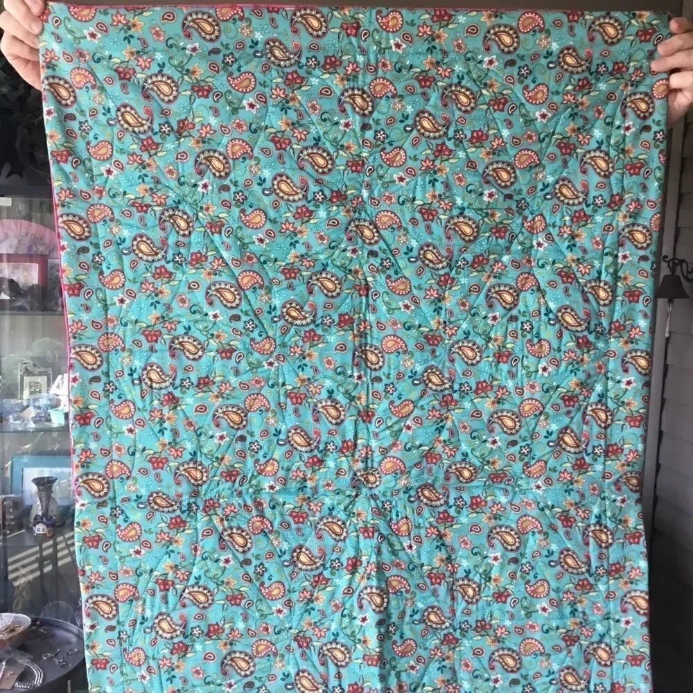 Hand Crafted Pink, Green, Teal & White Patchwork Quilt